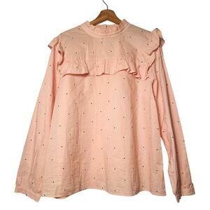 LOFT Blush Pink Heart Print Ruffle Yoke Long Sleeve Blouse 100% Cotton Boho